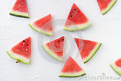 Watermelon pattern. Sliced watermelon on white background. Flat lay, top view. Stock Photo