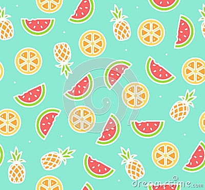 Watermelon, Pineapple and Orange Tropical Fruit Background Pattern. Vector Vector Illustration