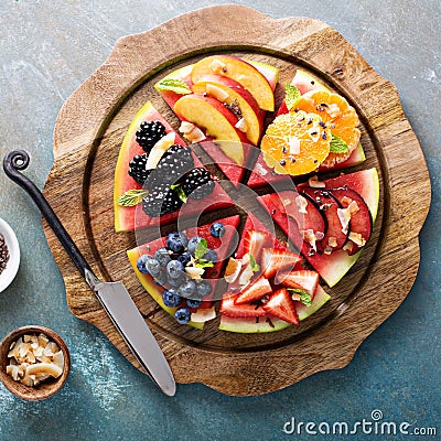 Watermelon pizza with various fruts Stock Photo