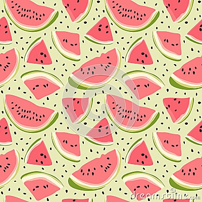 Watermelon seamless pattern. Hand drawn watermelon slice and seeds. Vector illustration for textile, paper and other Vector Illustration