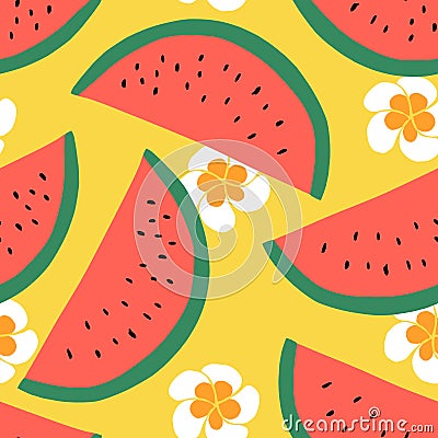 Watermelon seamless pattern, Summer textile design with fruit and flowers Vector Illustration