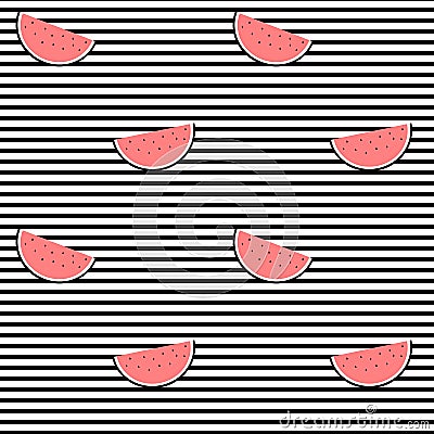 Watermelon slice on black and white stripes seamless pattern background illustration Vector Illustration