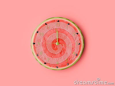 Watermelon Slice Clock on Pastel Red Background Stock Photo