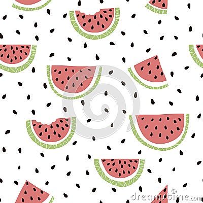 Watermelon slice seamless pattern. Summer fruit print for wallpaper or fabric textile desing. Childish tropical repeat Vector Illustration