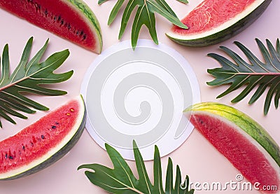 Watermelon slice with xanadu leaves on pastel background Stock Photo