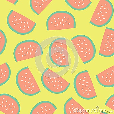 Watermelon slices background. Vector seamless pattern with illustrated fruits isolated on lime yellow. Food illustration. Use for Vector Illustration