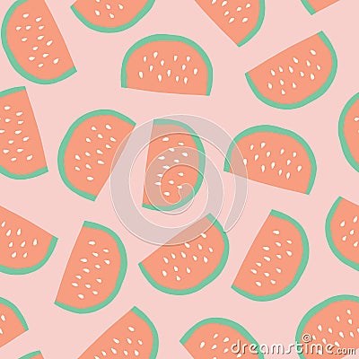 Watermelon slices background. Vector seamless pattern with illustrated fruits isolated on pink. Food illustration. Use for card, Vector Illustration