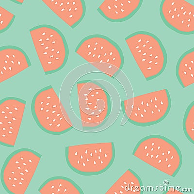 Watermelon slices pattern. Vector seamless background with illustrated fruits isolated on green. Food illustration. Use for card, Vector Illustration