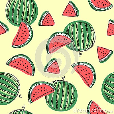 Watermelon slices seamless pattern. Hand draw vector illustration on isolated white background Vector Illustration