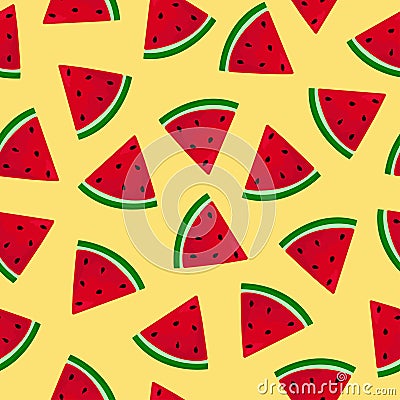 Watermelon slices seamless pattern. Hand drawn doodle fruit on yellow background. Vector Illustration