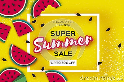 Watermelon Super Summer Sale Banner in paper cut style. Origami juicy ripe watermelon slices. Healthy food on yellow Vector Illustration