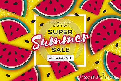 Watermelon Super Summer Sale Banner in paper cut style. Origami juicy ripe watermelon slices. Healthy food on yellow Vector Illustration