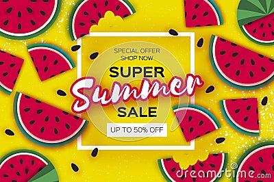 Watermelon Super Summer Sale Banner in paper cut style. Origami juicy ripe watermelon slices. Healthy food on yellow Vector Illustration