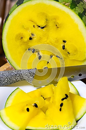 Watermelon yellow. Sliced watermelon. Close-up photo of sliced watermelon slices Stock Photo