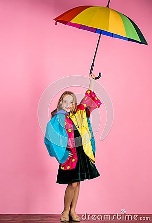 Waterproof accessories manufacture. Waterproof accessories make rainy day cheerful and pleasant. Confident in her fall Stock Photo