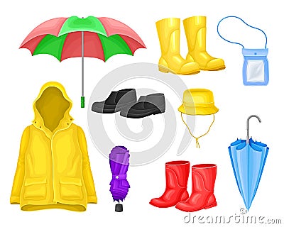 Waterproof Clothes and Things for Rainy Weather Condition with Yellow Raincoat and Rubber Boots Vector Set Vector Illustration