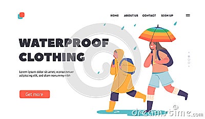 Waterproof Clothing Landing Page Template. Happy Kids Run under Umbrella, Boy in Raincoat and Girl Characters Vector Illustration