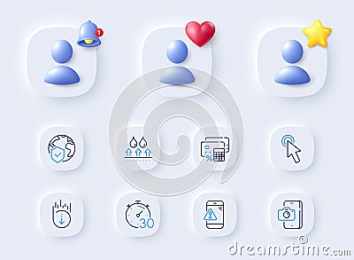 Waterproof, Phone photo and Timer line icons. For web app, printing. Vector Vector Illustration