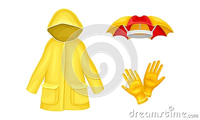 Waterproof Raincoat or Yellow Mackintosh and Gloves Vector Set Vector Illustration