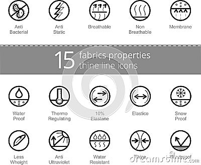 Properties of fabrics and garments simbols. Thine line vector icons Vector Illustration