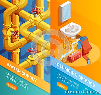 Waters Supply Plumbing Service Isomertic Banners Vector Illustration