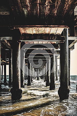 Waters Underneath Santa Monica Pier, California Stock Photo