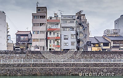 Buildings on Saigawa river, Kanazawa, Japan Stock Photo