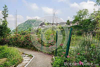 Waterside fenced flowering path with ancient Qingyan town in dis Stock Photo