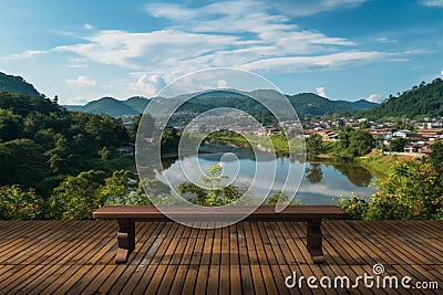 Waterside retreat Empty wooden table with a tranquil lake vista Stock Photo