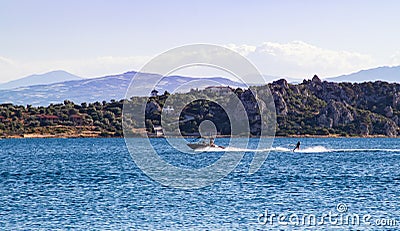 Waterskiing during the summer on Mediterranean sea Stock Photo