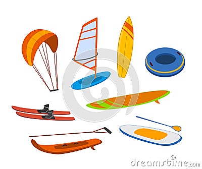 Watersport items, surfboards, tubes, windsurfing water ski wakeboard kite, paddleboard graphics Vector Illustration