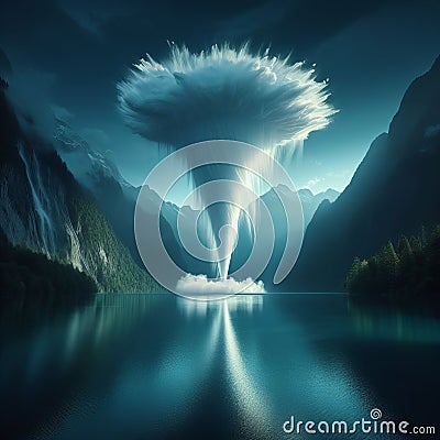 A waterspout descending on a serene lake, creating a mesmeriin Stock Photo