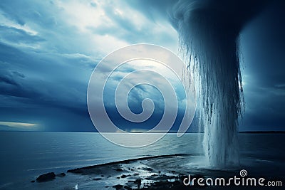 Waterspout tornado lifting water jets on the ocean Stock Photo