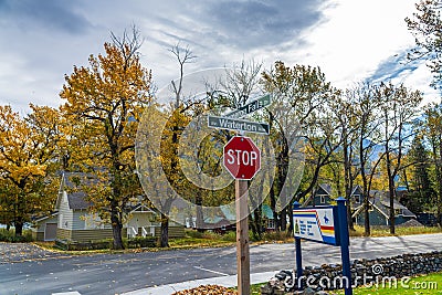 Waterton Village. Town street signpost in autumn season. Editorial Stock Photo