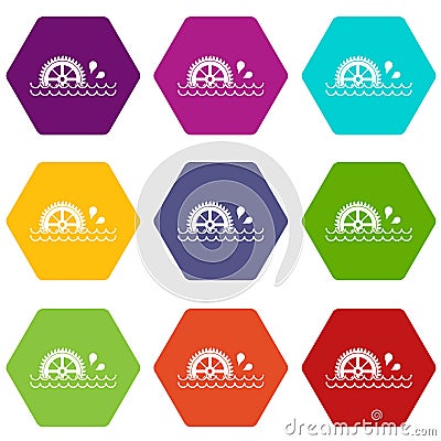 Waterwheel icon set color hexahedron Vector Illustration