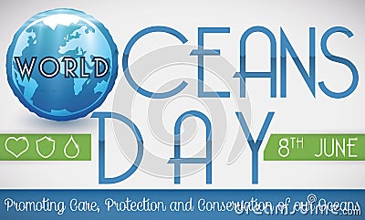 Watery Button with Globe Promoting Precepts for Oceans Day Celebration, Vector Illustration Vector Illustration