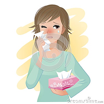 Watery eyed woman holding facial tissue box Vector Illustration