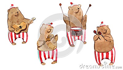 Watrcolor children`s illustration of cute circus bear isolated on white background Cartoon Illustration