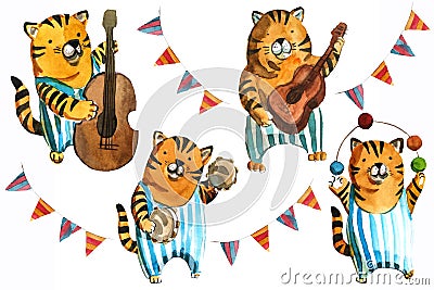 Watrcolor children`s illustration of cute circus tiger isolated on white background Cartoon Illustration