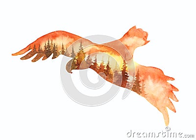 Watrcolor eagle illustration silhouette landscape isolated on white background Cartoon Illustration