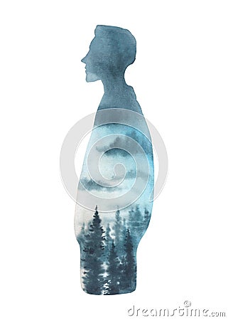 Watrcolor illustration of man silhouette with forest landscape isolated on white background Cartoon Illustration