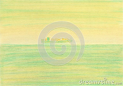 Pastel Drawing background. Cargo ship floating on the sea Stock Photo
