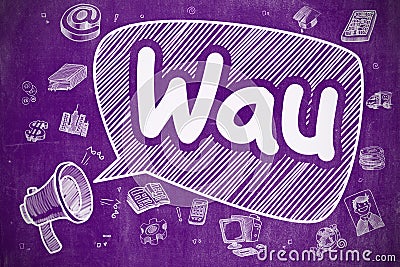 Wau - Doodle Illustration on Purple Chalkboard. Stock Photo