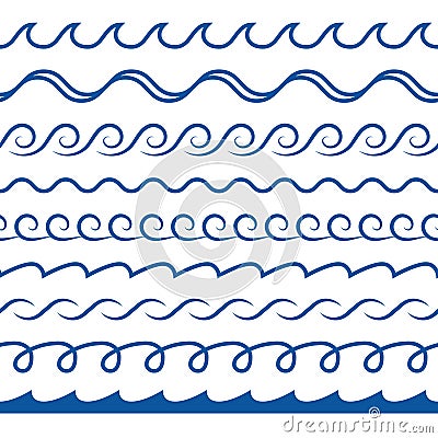 Wave borders. Seamless pattern decorative dividers blue ocean or sea waves marine symbol, water elements, curved line Vector Illustration