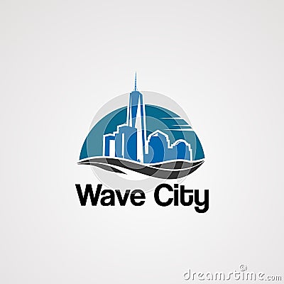 Wave city logo vector with skyline on sun concept, element, icon, and template for company Vector Illustration