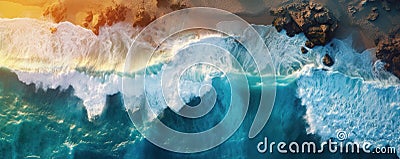 Wave Dynamics Abstract Aerial Ocean View with Crashing Waves. Generative AI Stock Photo