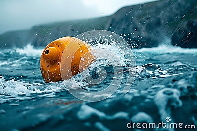 Wave energy converter bobbing on the surface of the ocean, capturing the kinetic energy of ocean waves and converting it Stock Photo