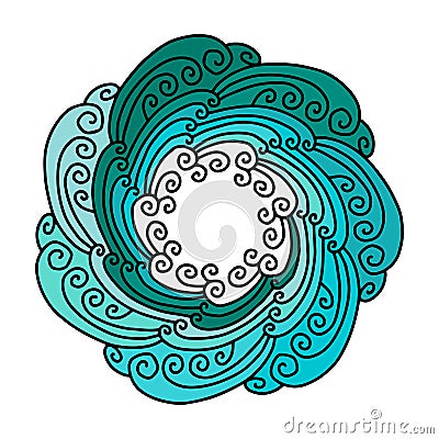 Wave foam decorative turquoise blue hand drawn vector frame wreath mandala spiral elements print poster card Stock Photo