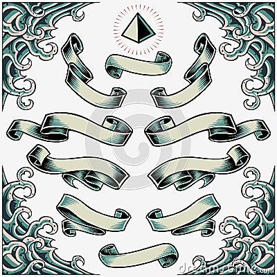 Wave Frame, Ribbons and Pyramid Vector Illustration