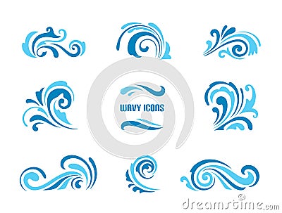 Wave icons, set of simple swirls and splashes on white Vector Illustration